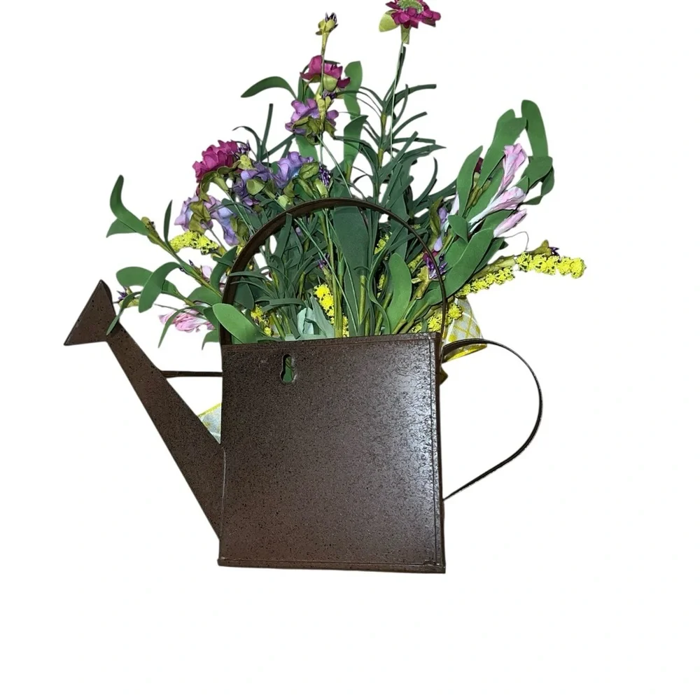 Charming Brown metal Watering Can with Floral Arrangement and sunny bow!